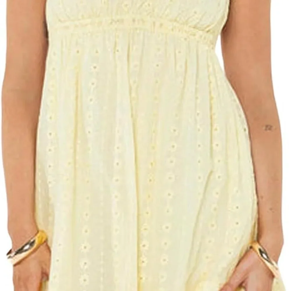 Women Sleeveless Mini Sundress Floral Embroidery Bowed Waist A-line Casual - Picture 5 of 7
